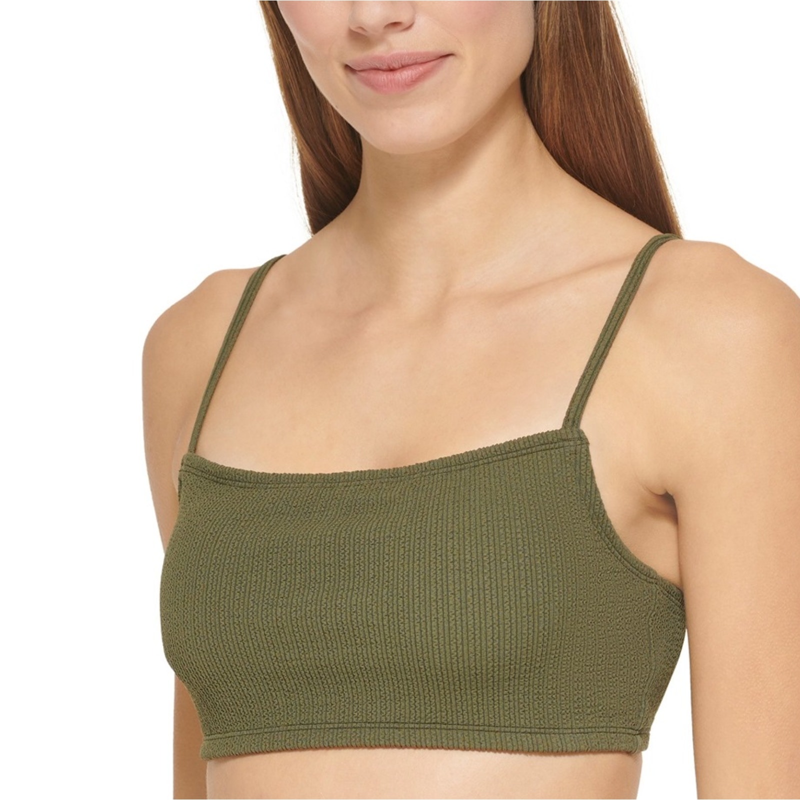 Dkny Women Moss Green Textured Square Neck Bralette Swim Bikini Top Size S
